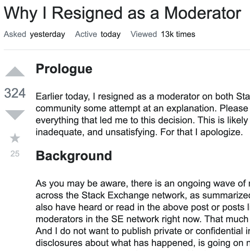 My Resignation as Moderator on Stack Overflow and Ebooks Stack Exchange